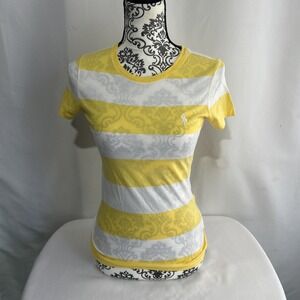 Ralph Lauren Sport Women's Tee Yellow White Striped Sz S Crew Neck